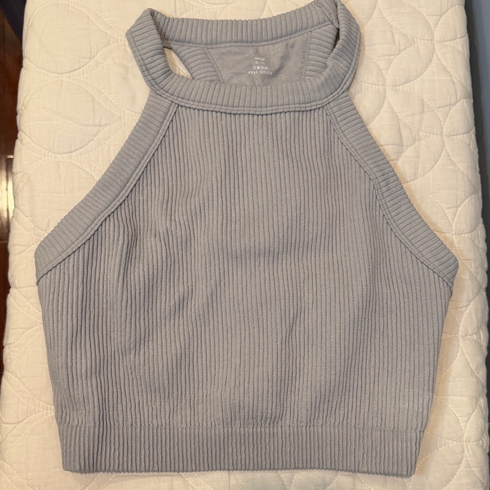 Aerie Ribbed Gray Halter Cropped Tank Top